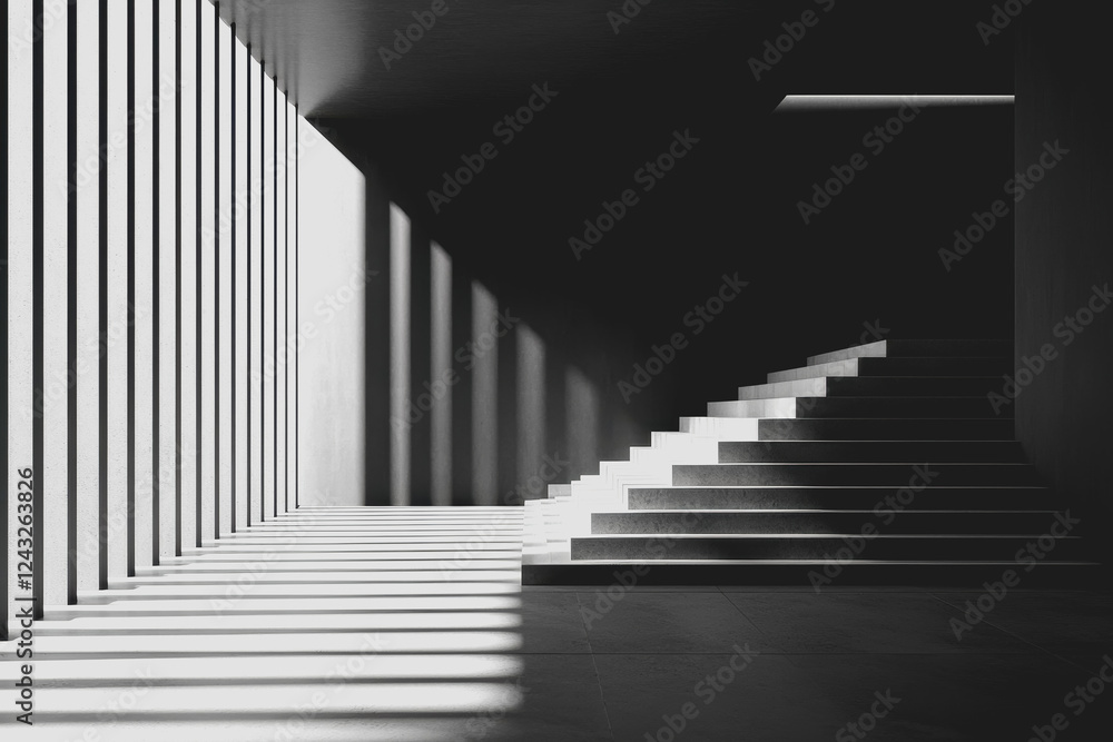 Poster black and white photograph of a staircase showcasing steps with shadows and light creating a dramati