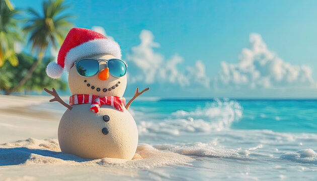 Tropical Christmas vacation concept: A sand snowman with a Santa hat and sunglasses relaxes on a sunny beach, blending holiday cheer with a seaside escape. Image made using Generative AI. - Powered by Adobe