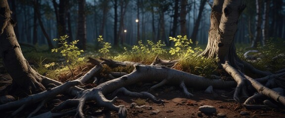 The forest floor with aspen roots and branches illuminated by moonlight, branch, peaceful, natural