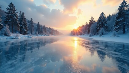 The frozen lake shines like polished silver as the sun rises, serene, ice, winter