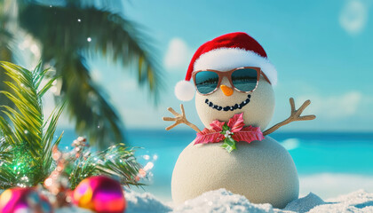Tropical Christmas Bliss: A Sand Snowman in Santa Hat and Sunglasses Soaking Up the Sun by the Ocean. AI-Generated Festive Illustration.