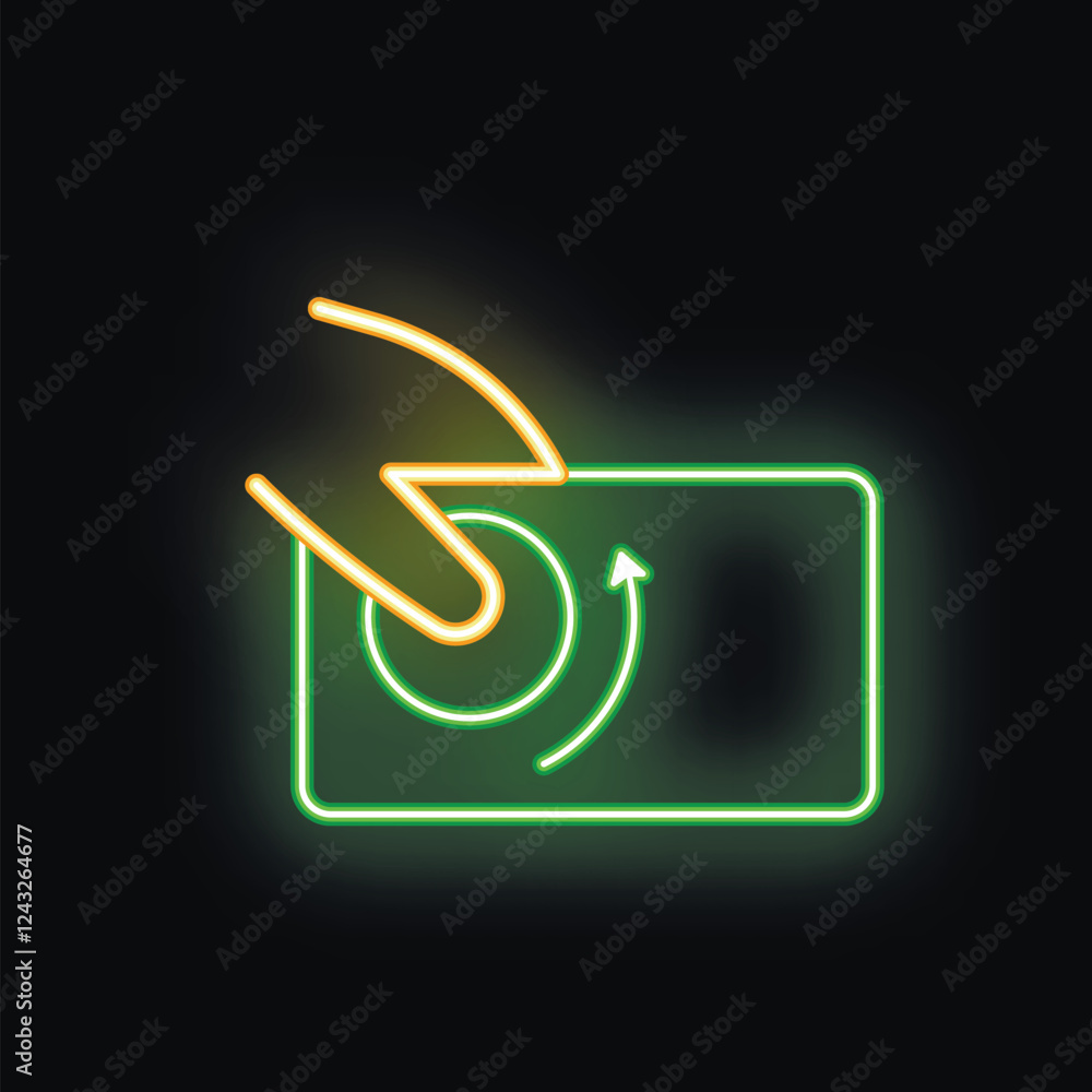 Poster neon icon of hand pressing a button with circular arrow representing update or refresh
