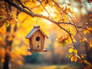 Autumnal Minimalist Birdhouse: Wooden Birdhouse Hanging from Tree Branch with Fall Leaves