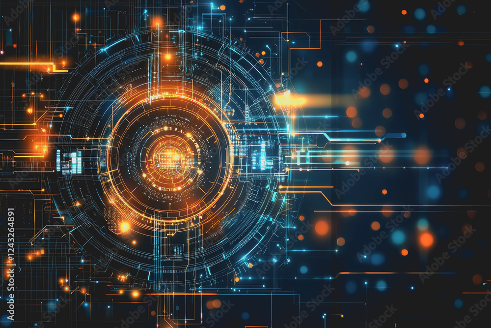 Poster abstract technology background featuring glowing circles and dots in a seamless pattern with vibrant
