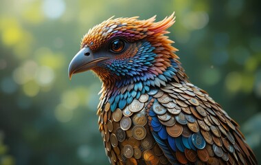 A digital painting of a bird with a body made of coins, surrounded by a blurred background and...