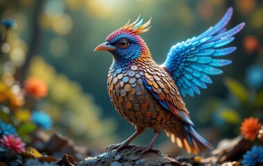 Obraz premium A digital painting of a bird with a body made of coins, surrounded by a blurred background and intricate details