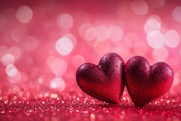 Two red hearts glitter Valentines bokeh background