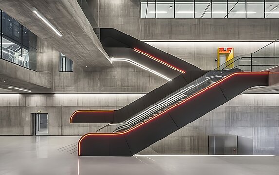 Modern escalators in a concrete building interior.