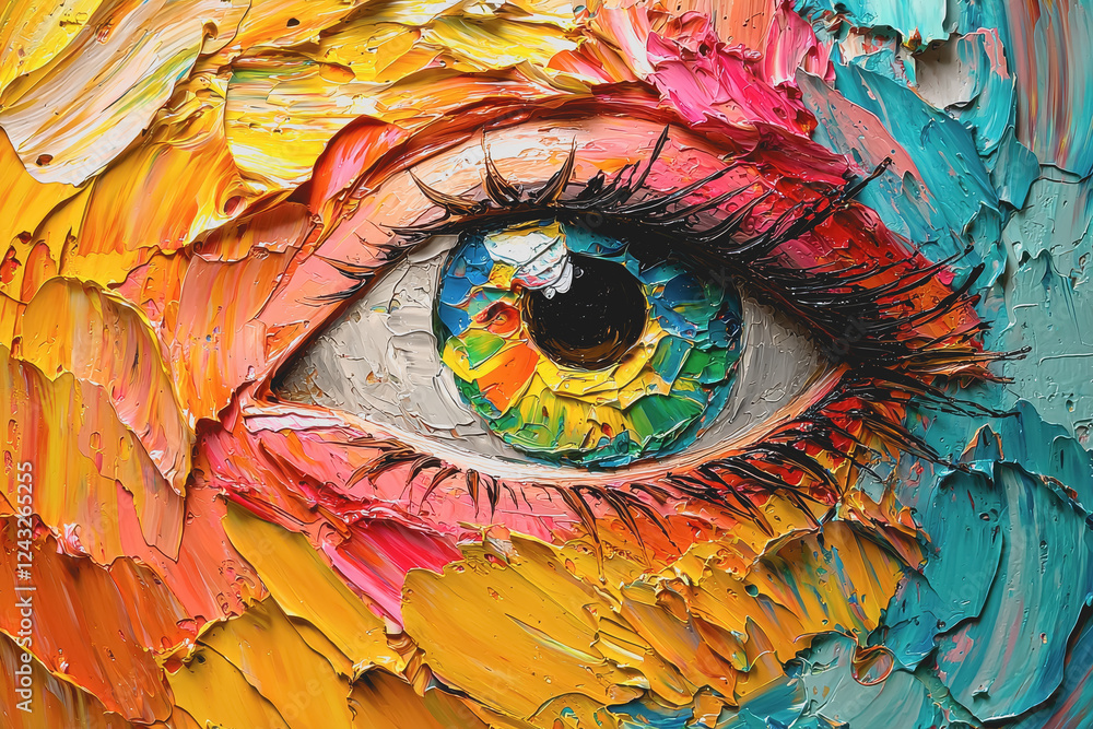 Poster close-up painting of a human eye with vibrant and colorful paint strokes and textures creating an ar