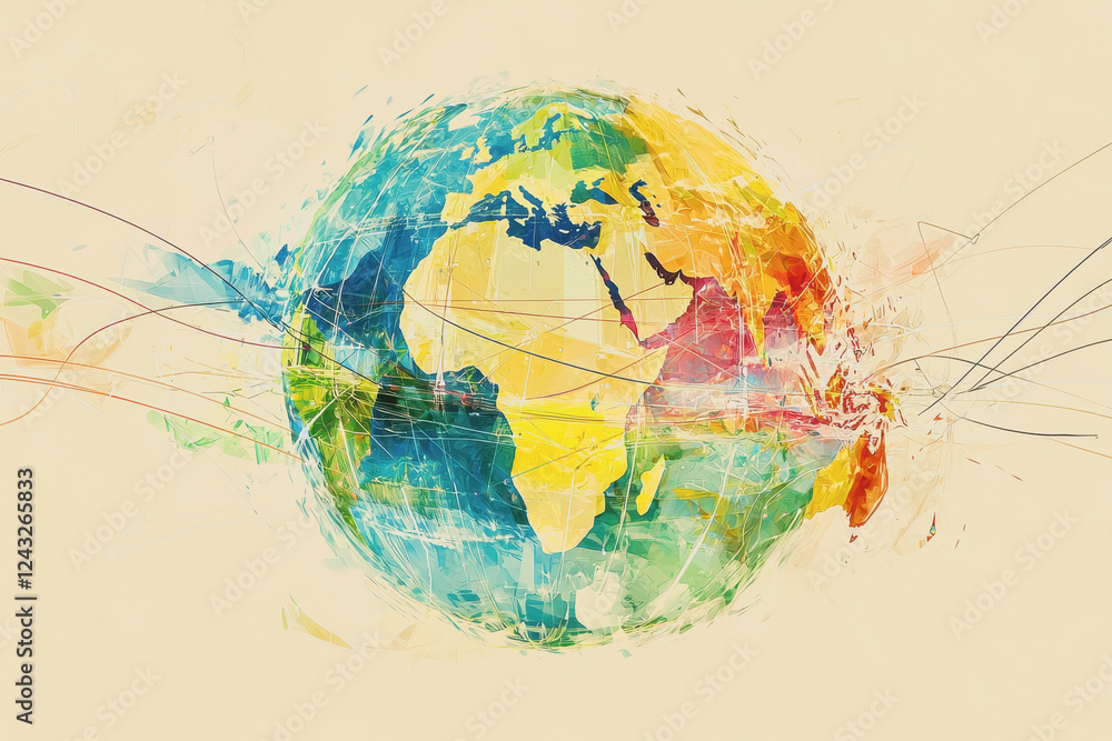 Poster painting of a globe with interconnected lines representing global connectivity and travel around the