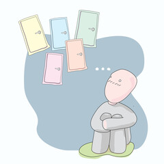 Vector of a person holding their knee, feeling confused about the choices they cannot make by the symbolic of floating doors in the air, doodle cartoon character with flat colors on white background.