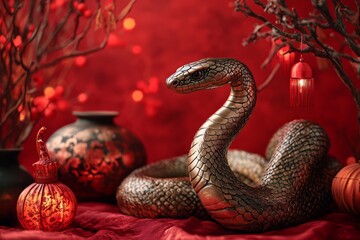 Obraz premium A Chinese zodiac snake, New Year's atmosphere, red background, surrounded by various festive decorations such as lanterns and vases, with warm lighting creating an overall festive ambiance.