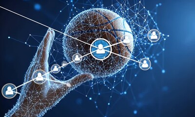 Abstract hand holding a basketball, connected by glowing lines. - Powered by Adobe