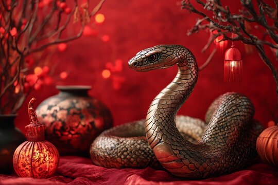 A Chinese zodiac snake, New Year's atmosphere, red background, surrounded by various festive decorations such as lanterns and vases, with warm lighting creating an overall festive ambiance.