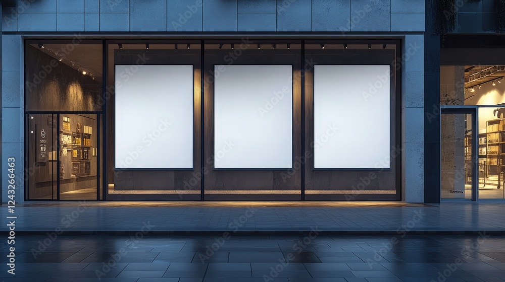 Poster empty storefront with blanks for signage and poster display in urban setting suitable for business p