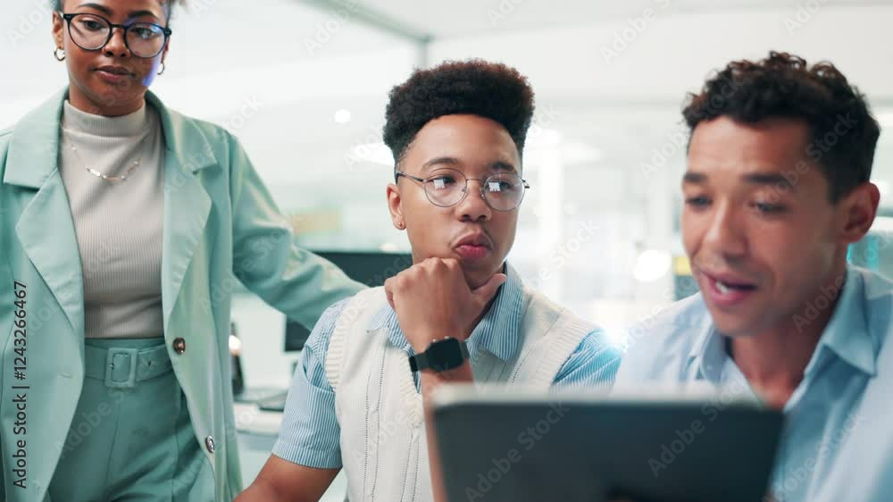 Aufkleber Training, coding and people on tablet for research, teamwork and collaboration project in office. Programmer, coaching or developer with technology for web development, programming or online software