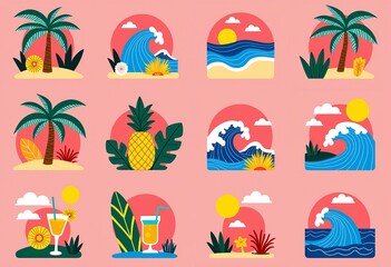 Bold Tropical Grid: Colorful Illustrations, Flat Design, Cheerful Vibe, Pink Background, Pineapple, Palm Tree, Surfboard, Summer Pattern.

