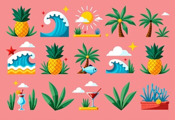 Tropical Icon Grid: Vibrant Colors, Bold Shapes, Flat Design, Cheerful Summer, Pink Backdrop, Pineapple, Palm Tree, Surfboard and Cocktails.

