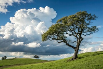 Tree with sturdy branches standing on a grassy hill under a clear sky with big cumulus clouds, outdoor photography, tree in countryside