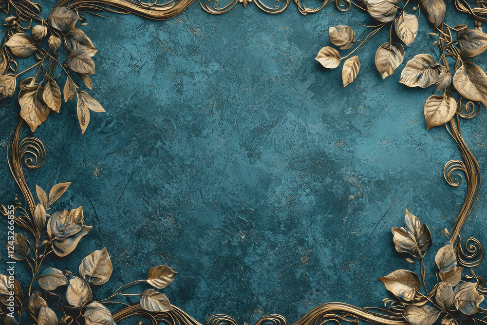 Poster blue background with intricate gold leaves and vines creating an elegant natural pattern ideal for d