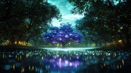 Naklejka premium Glowing Purple Tree in a Magical Forest at Night
