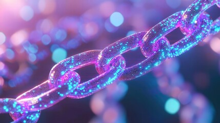 Digital transformation cybersecurity concept. Blockchain encryption process, holographic chains, neon purple and blue highlights