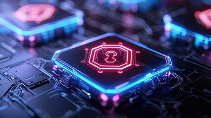 Digital transformation cybersecurity concept. AI-driven cybersecurity, holographic warning symbols, neon black-and-blue tones