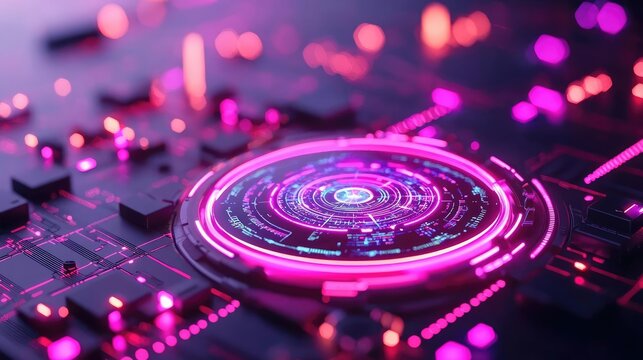 Digital transformation cybersecurity concept. Advanced threat detection, holographic radar screens, neon interface