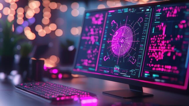 Digital transformation cybersecurity concept. Advanced threat detection, holographic radar screens, neon interface