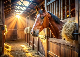Fototapeta premium Bay Dutch Warmblood Horse Head in Rustic Barn - Panoramic Stock Photo