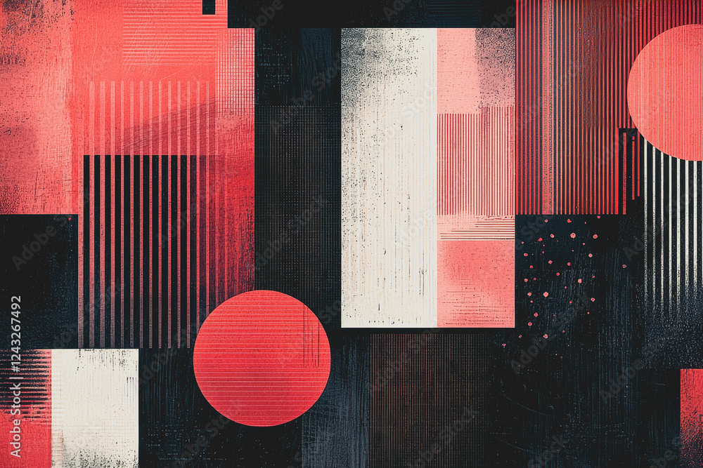 Poster red and black abstract painting featuring a prominent large circle in the center creating a dynamic 