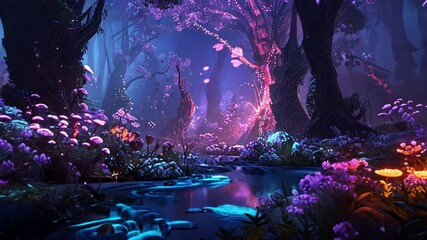 A mystical forest scene with glowing plants and a tranquil water reflection footage - Powered by Adobe