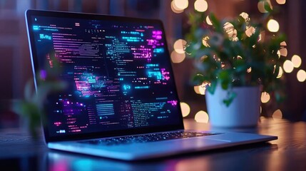 Digital transformation cybersecurity concept. Futuristic workspace, digital transformation themes, holographic overlays