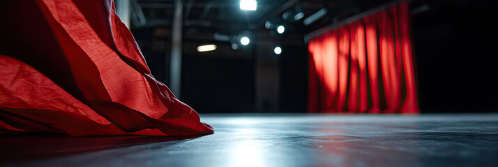 Red Curtains and Stage Floor in Dark Theatre