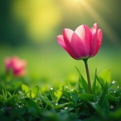 Obraz premium Delicate petals unfolding in the morning dew amidst dew-kissed grass and leaves, serene, soft, peaceful