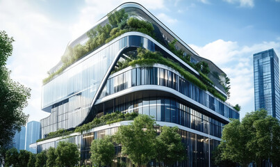Modern Eco-Friendly Office Building with Sustainable Glass Design, Embracing Green Architecture and Environmental Harmony