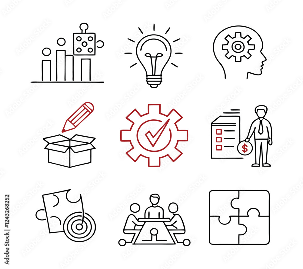 Poster solution thin line icon vector set. containing problem solving, light bulb, idea, strategy, creativi