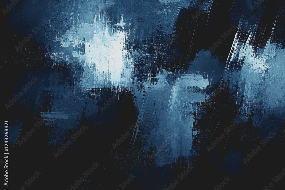 Poster abstract painting featuring a dark blue and white background with flowing shapes and textures creati