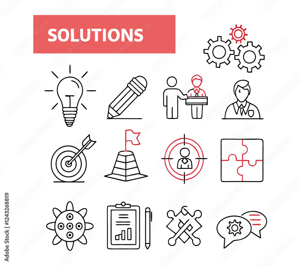 Poster solution thin line icon vector set. containing problem solving, light bulb, idea, strategy, creativi