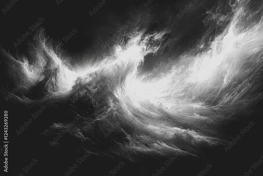 Poster black and white photograph capturing the dynamic movement and texture of a crashing ocean wave again