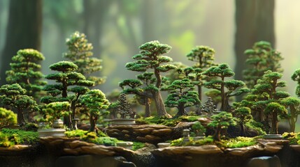 Obraz premium An intricate miniature bonsai forest, capturing the serene beauty and artistry of nature on a small scale