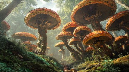 A mystical forest of giant mushrooms bathed in sunlight, creating a fantastical and whimsical landscape