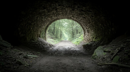 Obraz premium Forest trail emerging from dark tunnel