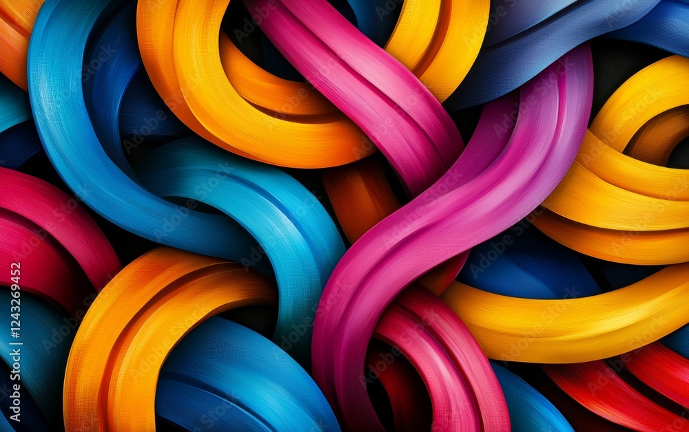 Poster a vibrant abstract composition featuring intertwining colorful ribbons in blue, yellow, pink, and or