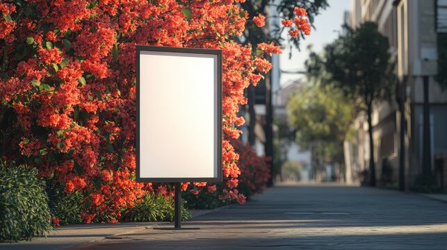 Blank Signboard Mockup Surrounded by Vibrant Flowers on a Quiet Urban Street - Perfect for Advertising or Displaying Promotions