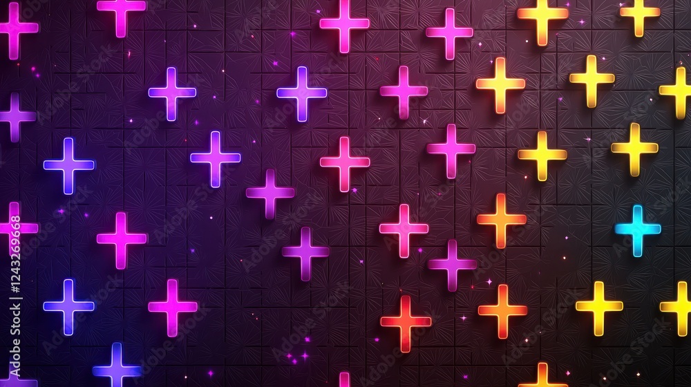 Poster a vibrant backdrop featuring colorful illuminated crosses arranged in a grid pattern against a dark 
