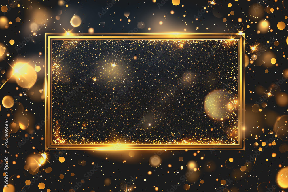 Poster gold frame on black background with sparkling gold accents creating an elegant and luxurious display