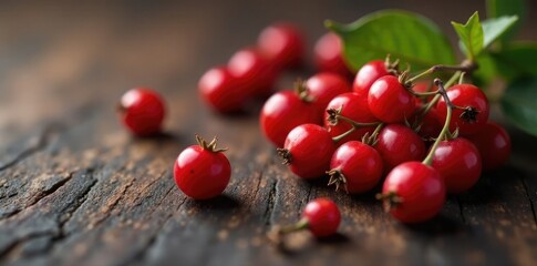 Red berries scattered on a dark brown surface, natural, closeup