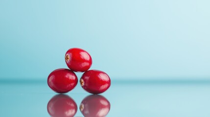 Low Sugar Fruits Good. Three vibrant red berries arranged in a triangular formation against a soft blue background.
