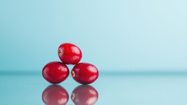Low Sugar Fruits Good. Three vibrant red berries arranged in a triangular formation against a soft blue background.